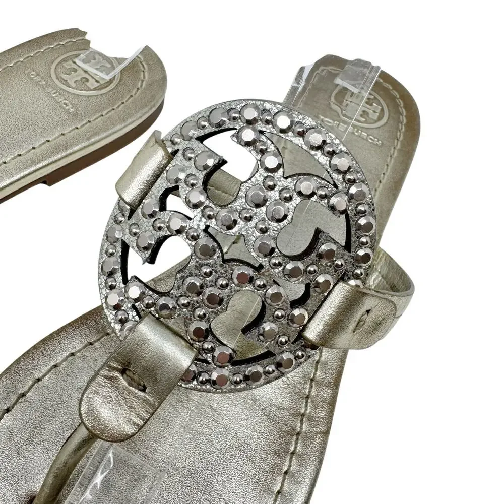 Tory Burch Miller Crystal Embellished Sandal Platinum Metallic Size 8